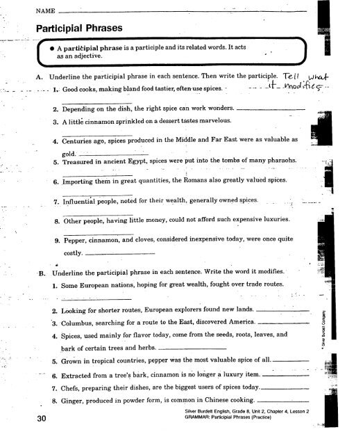 Seventh grade grammar worksheet focusing on identifying and differentiating gerund, infinitive, and participial phrases