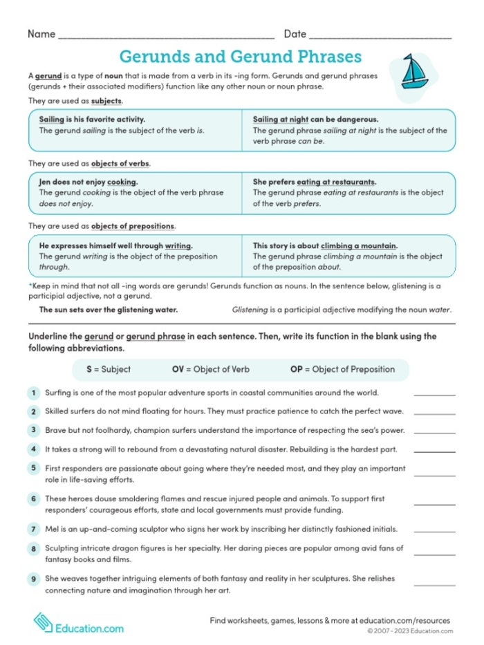 Seventh grade students completing a grammar exercise on identifying gerund, infinitive, and participial phrases