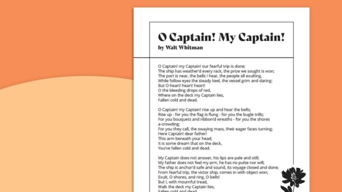 Seventh grade students analyzing figurative language in Walt Whitman's O Captain My Captain poem worksheet with comprehension questions