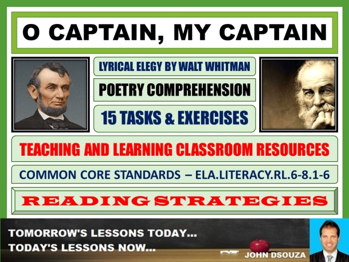 Seventh grade worksheet for analyzing Walt Whitman's poem O Captain My Captain with a focus on figurative language