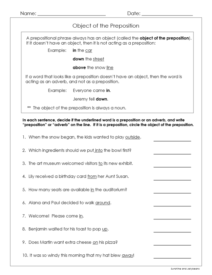 Identifying Prepositional Phrases Worksheet 12 for 7th Grade Grammar Practice Seventh grade student worksheet focusing on the identification of prepositional phrases within sentences