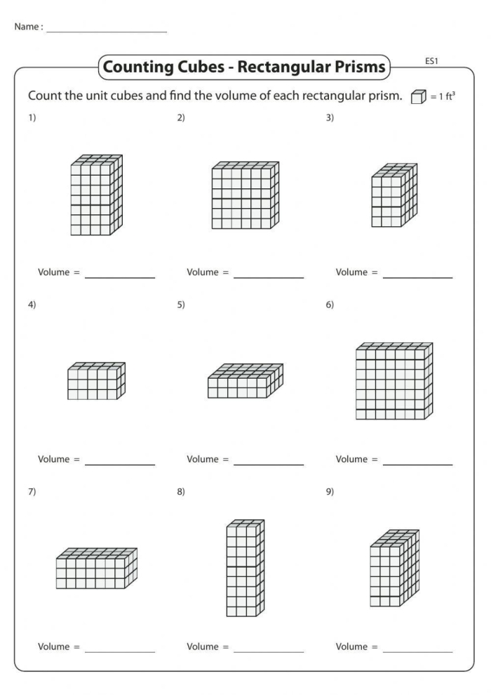 Worksheet featuring various right prisms for calculating volume aimed at seventh-grade students