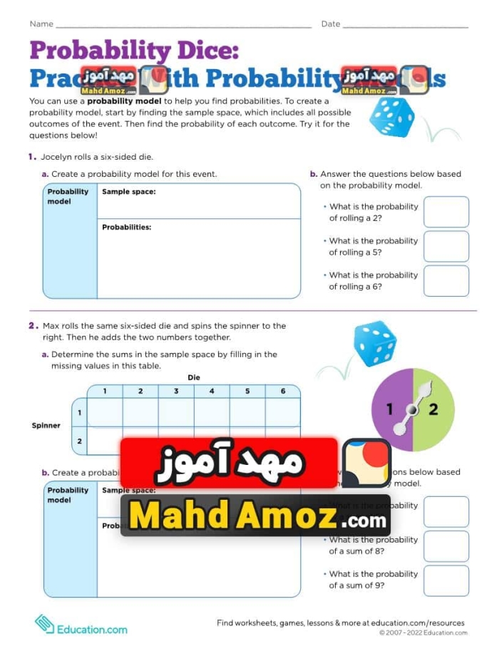 Practice calculating probabilities with dice in this engaging worksheet for mixed operations Colorful worksheet featuring probability dice exercises for seventh graders