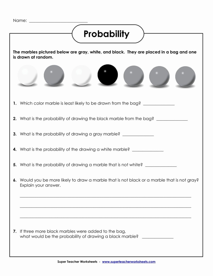 Seventh grade math worksheet featuring probability models and prediction exercises