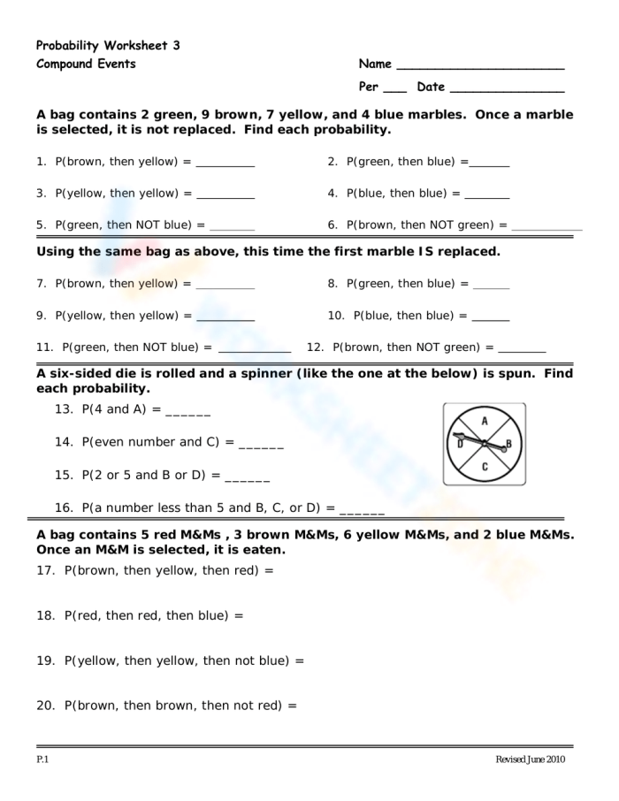 Worksheet illustrating the probability of simple events with real-world examples for seventh graders
