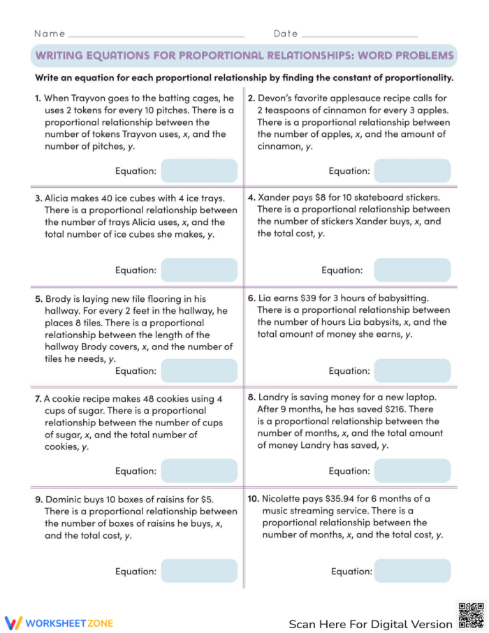 Writing Equations for Proportional Relationships Tables Worksheet 23 Seventh grade math worksheet featuring a table for practicing how to write equations for proportional relationships