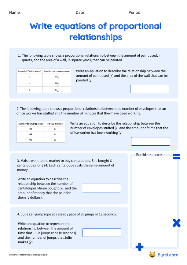 Writing Equations for Proportional Relationships Word Problems Worksheet 18 A seventh grade student working on a math worksheet about writing equations for proportional relationships