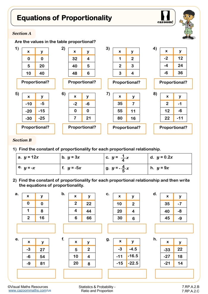 A seventh-grade student works through a math worksheet finding the constant of proportionality from tables, graphs, and equations with proportional relationships