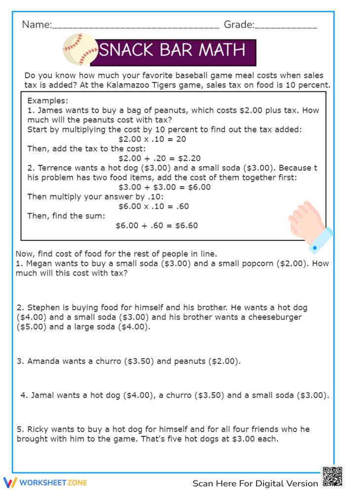 Calculate Sales Tax Worksheet for Seventh Grade Math Practice A 7th grade math worksheet featuring baseball snack prices to practice calculating sales tax