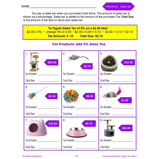 Calculate Sales Tax Math Worksheet Seventeen A seventh grade math worksheet featuring baseball snack items to help students calculate sales tax practice.