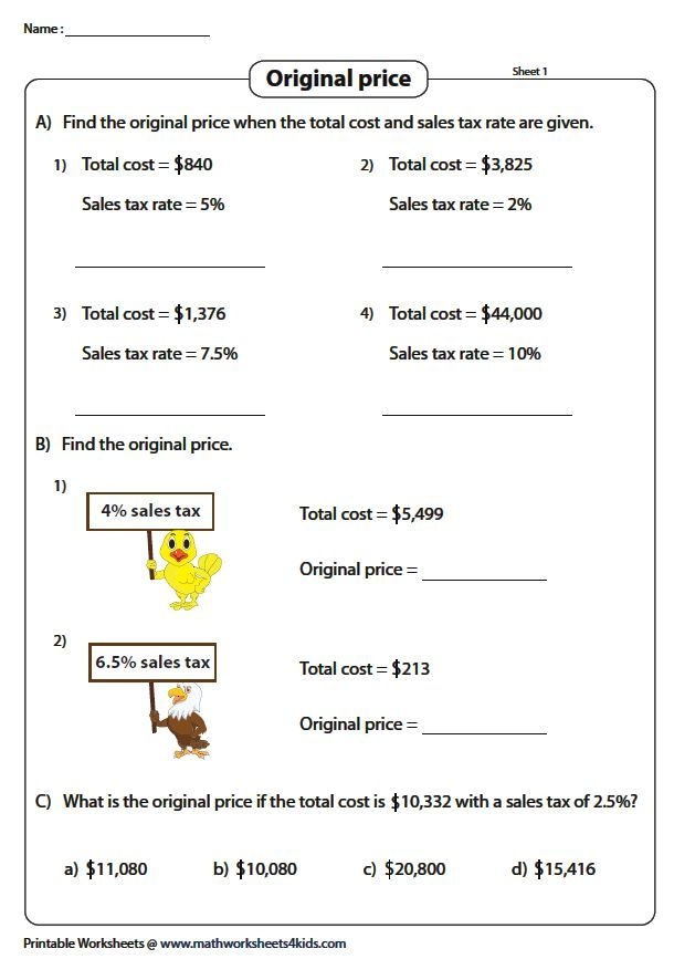 Learn to compute sales tax with fun ballpark food items for middle school math practice Seventh grade student calculating sales tax on baseball snacks worksheet activity