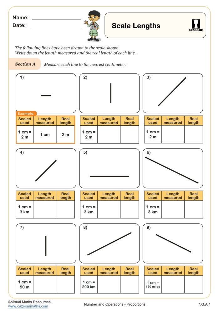 Seventh grade geometry worksheet for finding actual dimensions from scale drawings