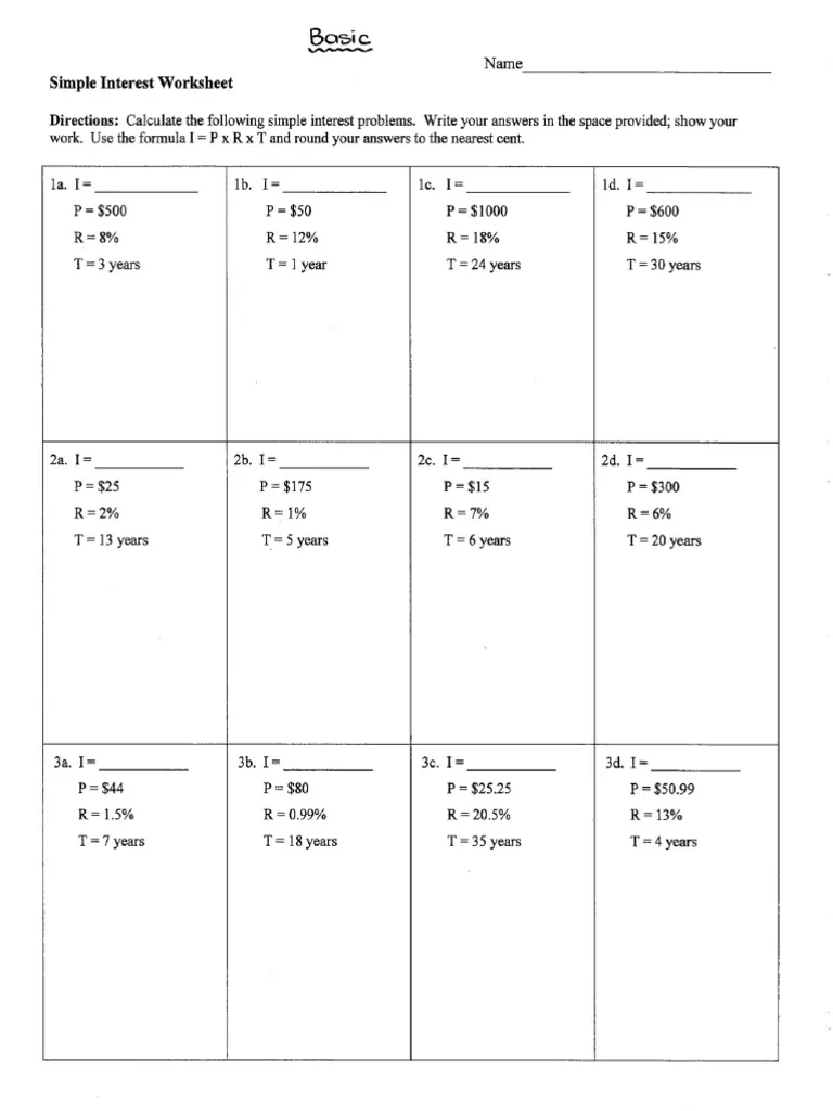 Seventh grade student solving simple interest word problems on a math worksheet with financial calculations