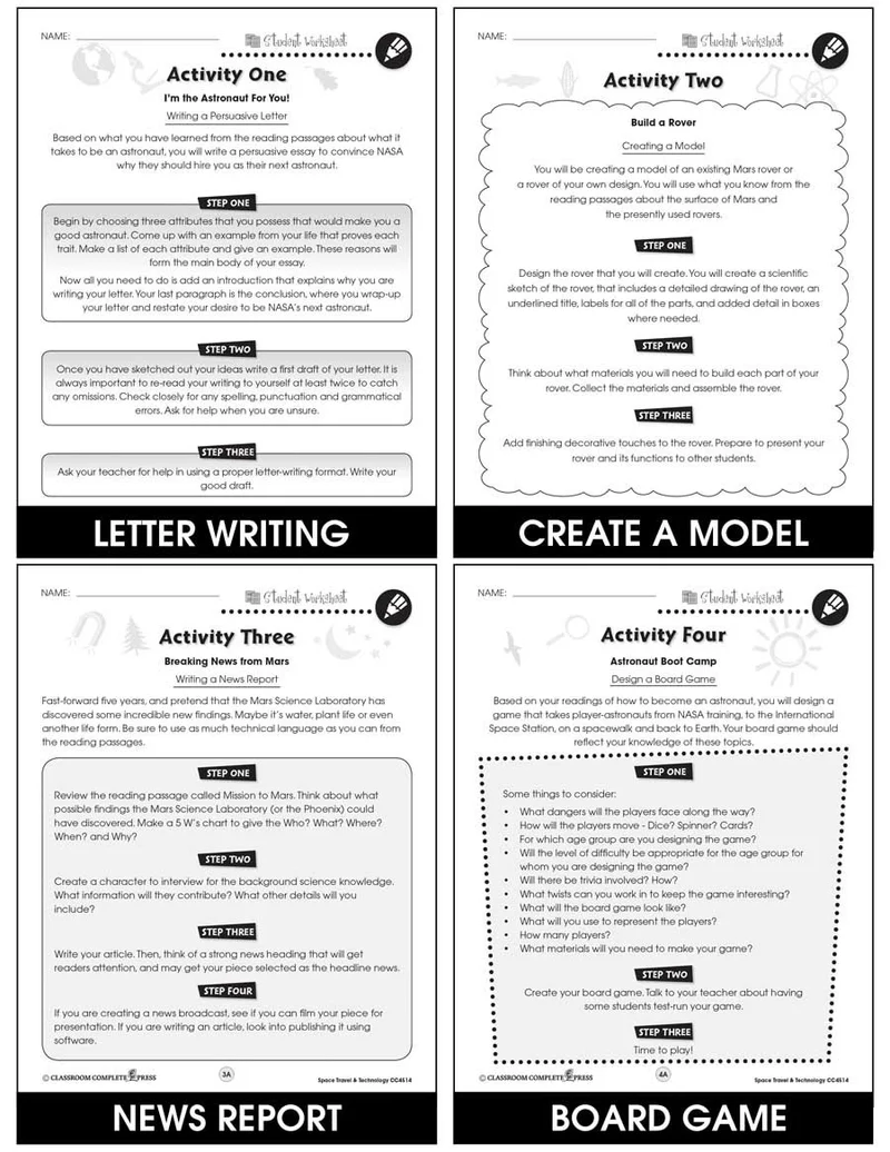 Students reading a nonfiction article about government budget allocation for space exploration programs on a worksheet page