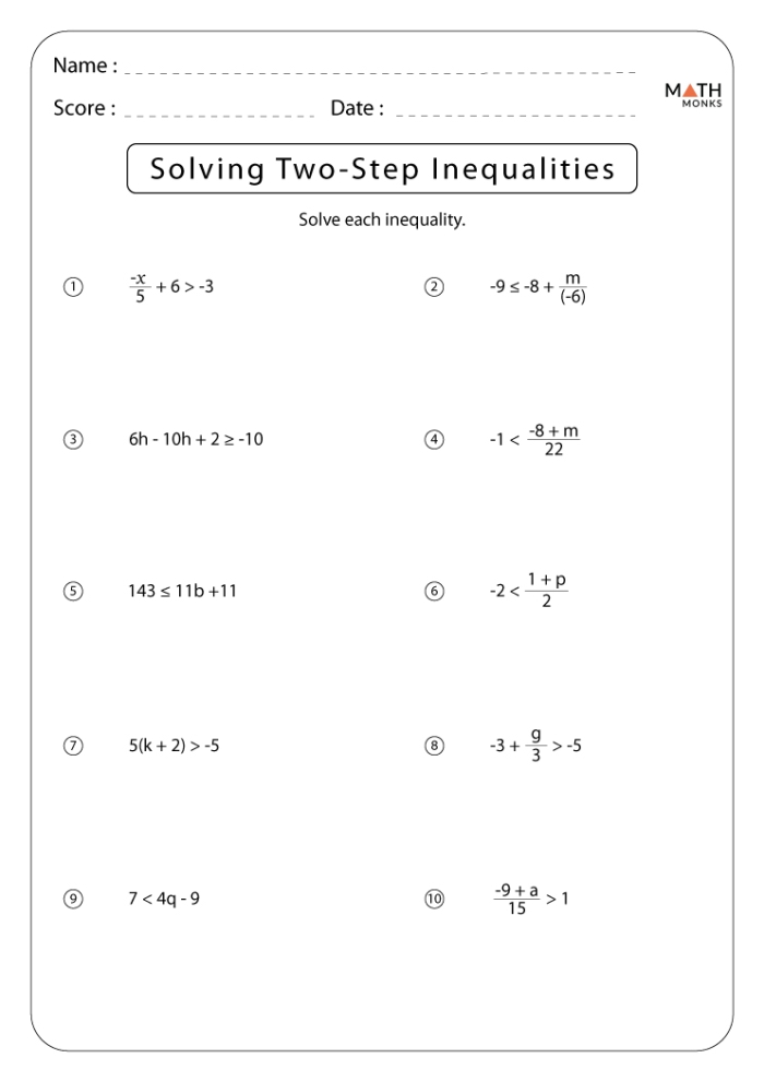 Seventh grade math worksheet featuring real-world two-step inequality word problems
