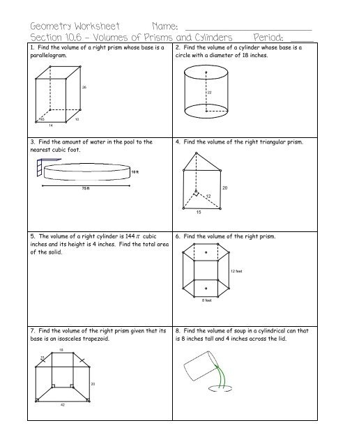 Students solving a geometry worksheet on the volume of right prisms for seventh grade