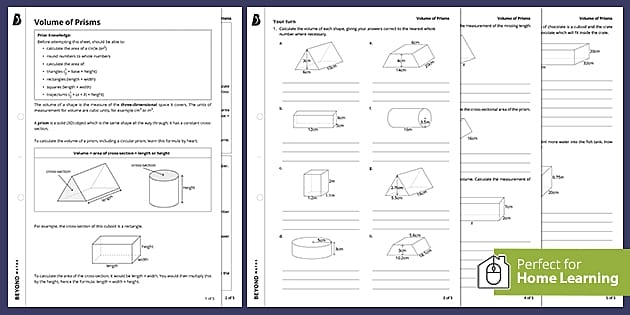 Worksheet for calculating the volume of various right prisms for seventh-grade students