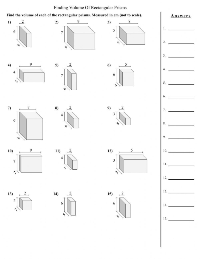 Worksheet for calculating the volume of various right prisms for seventh graders