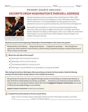A seventh grade social studies worksheet featuring primary source excerpts from George Washington's Farewell Address