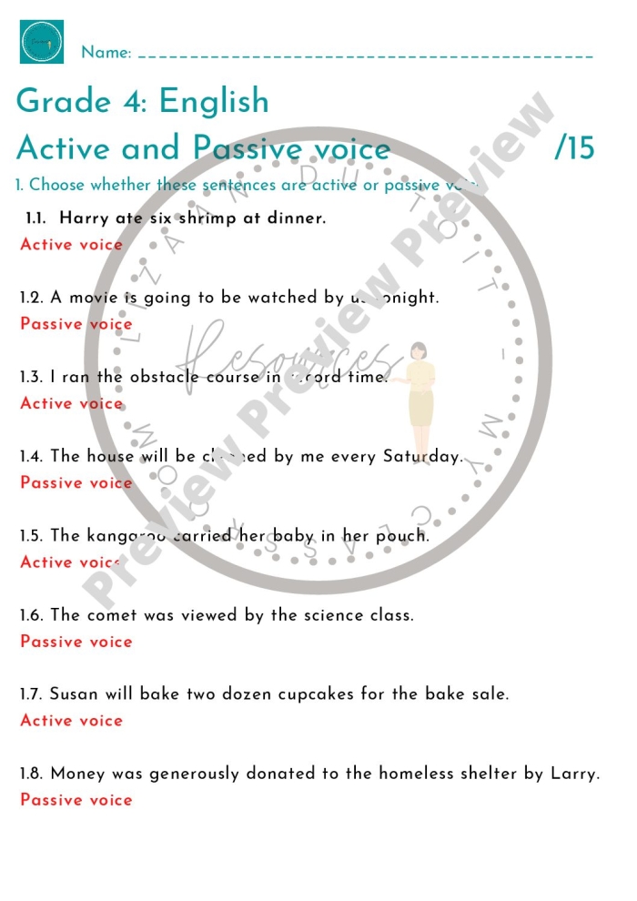 Active and Passive Voice Practice Exercise 11 Eighth grade grammar worksheet showing sentences for students to identify active and passive voice examples