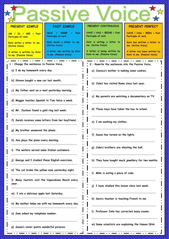 Practice worksheet for distinguishing active versus passive voice in sentence examples Eighth grade grammar worksheet showing sentences for identifying active and passive voice usage