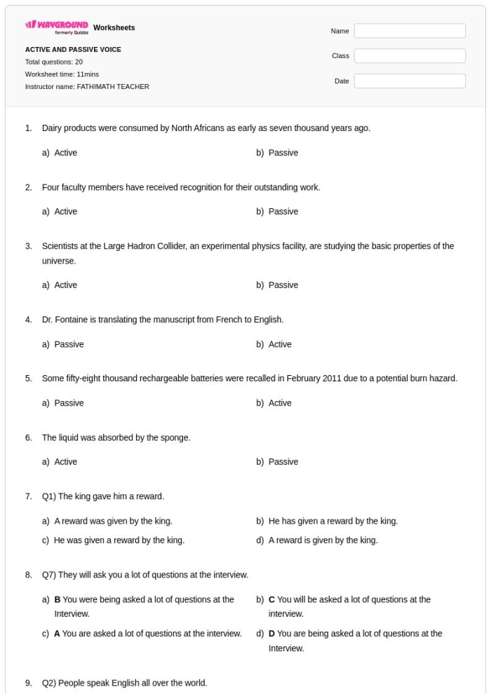 Practice worksheet for distinguishing between active voice and passive voice in sentences Eighth grade grammar worksheet showing sentences for identifying active and passive voice usage