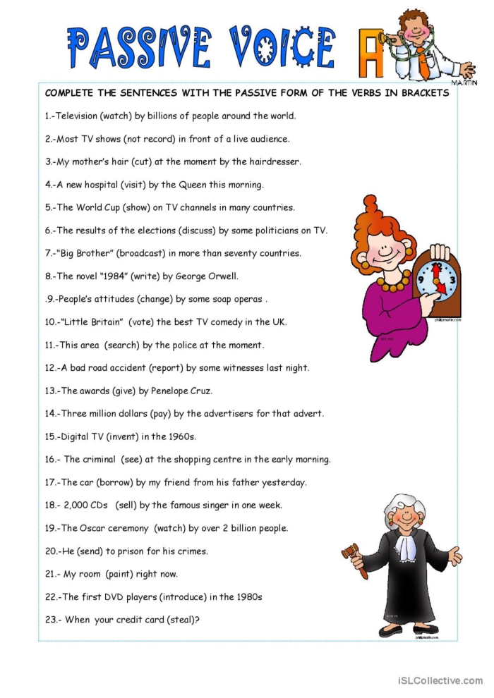 Practice worksheet with sample sentences demonstrating the difference between active voice and passive voice construction Eighth grade grammar worksheet showing sentences for identifying active and passive voice examples