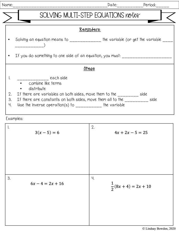 Worksheet for solving multi-step equations in eighth-grade algebra