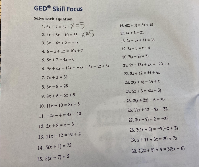 Eighth grade students solving multi-step algebraic equations on a quiz worksheet with practice problems