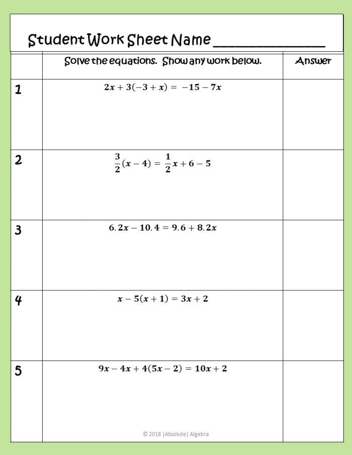 Worksheet featuring multi-step equations for eighth graders to practice solving one-variable algebra problems