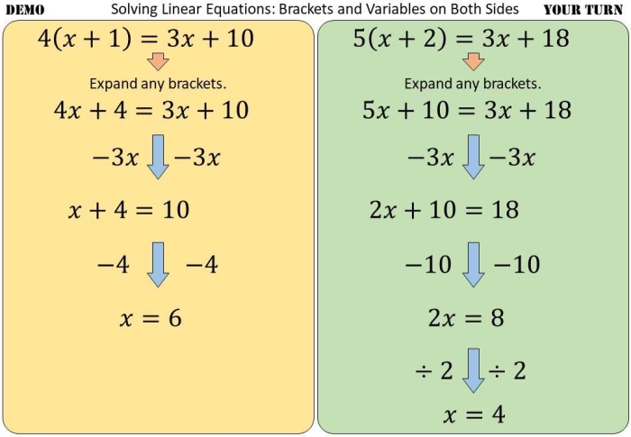 Eighth grade math worksheet featuring algebra problems with variables on both sides