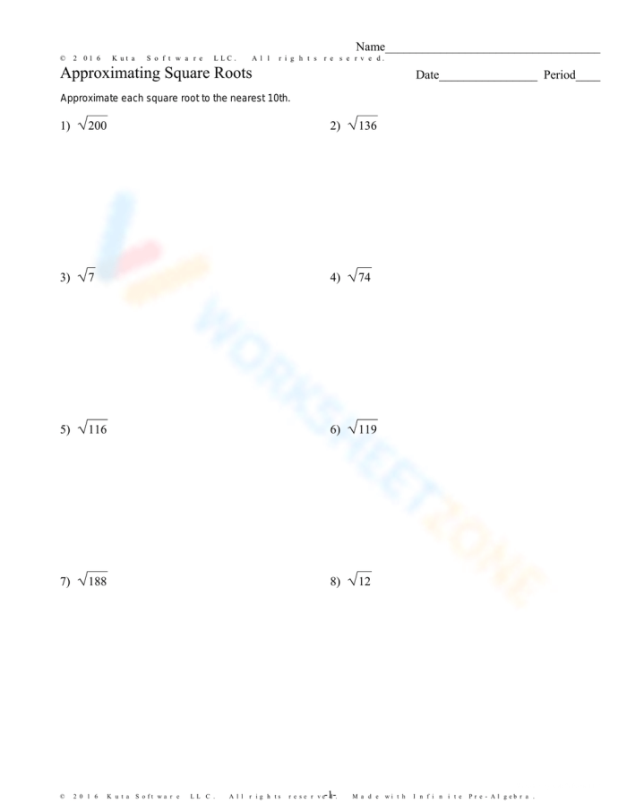 Visual guide for finding whole number ranges of square roots in math practice Eighth-grade worksheet for approximating square roots of non-perfect squares