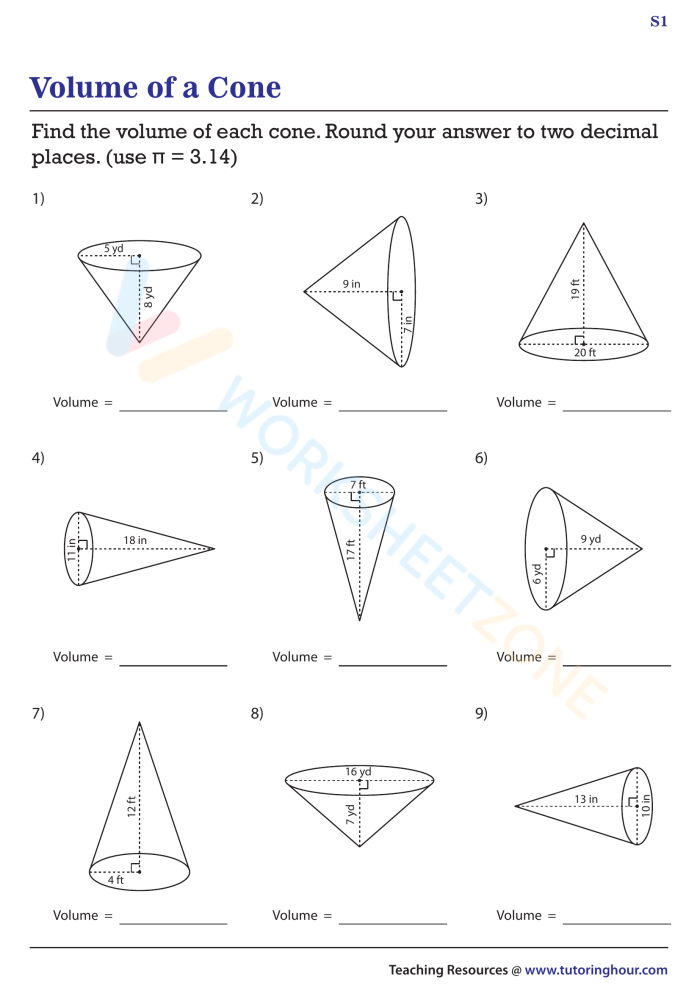 Eighth grade geometry worksheet showing cone volume problems with formulas and practice exercises