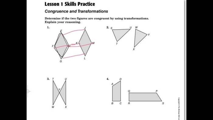 Practice problems for sequences of congruence transformations with visual examples for geometry students Eighth grade geometry worksheet showing multiple figures with arrows indicating sequential congruence transformations including reflections rotations and translations