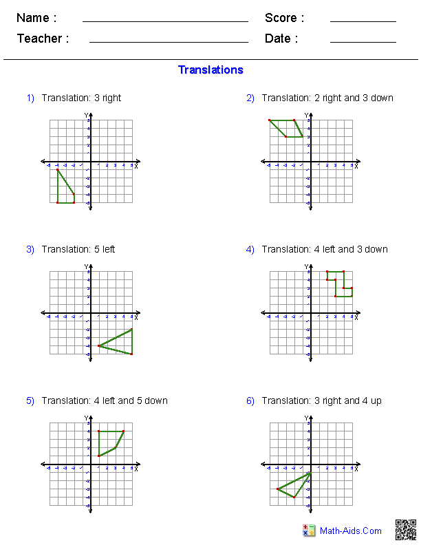 Eighth-grade worksheet featuring translations on the coordinate plane for practicing graphing figures