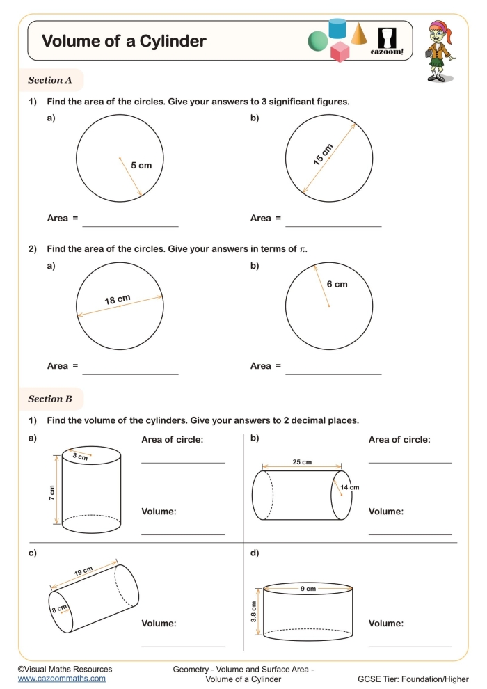 Eighth-grade geometry worksheet focused on calculating the volume of cylinders with example problems. Volume of Cylinders practice worksheet for eighth graders, image 12.