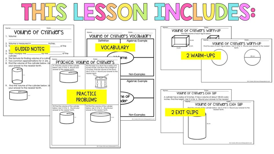 Eighth grade geometry worksheet featuring multiple practice problems for calculating the volume of cylinders
