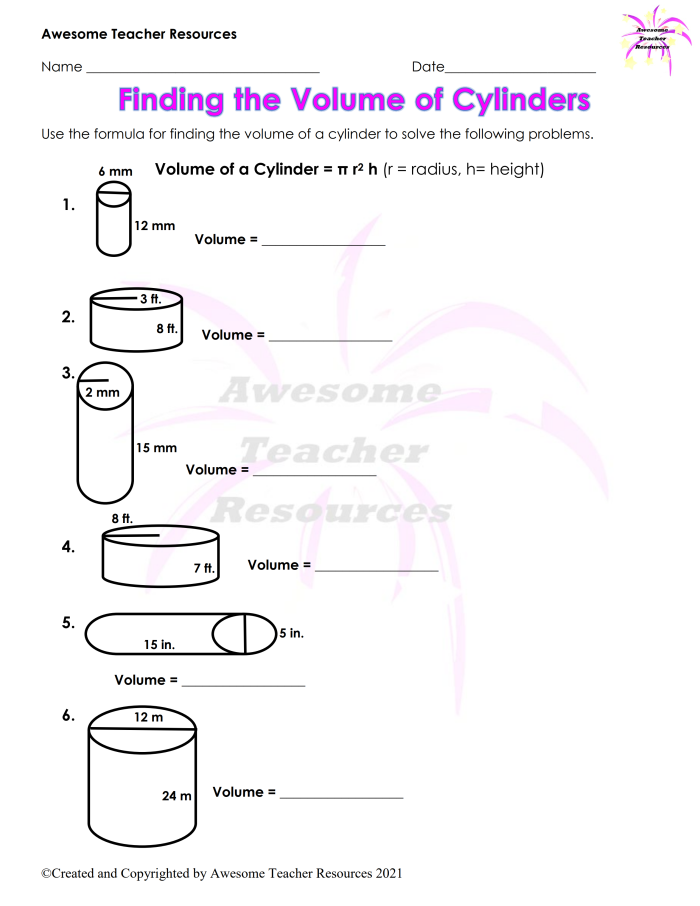 Worksheet showing example problem for calculating volume of cylinders