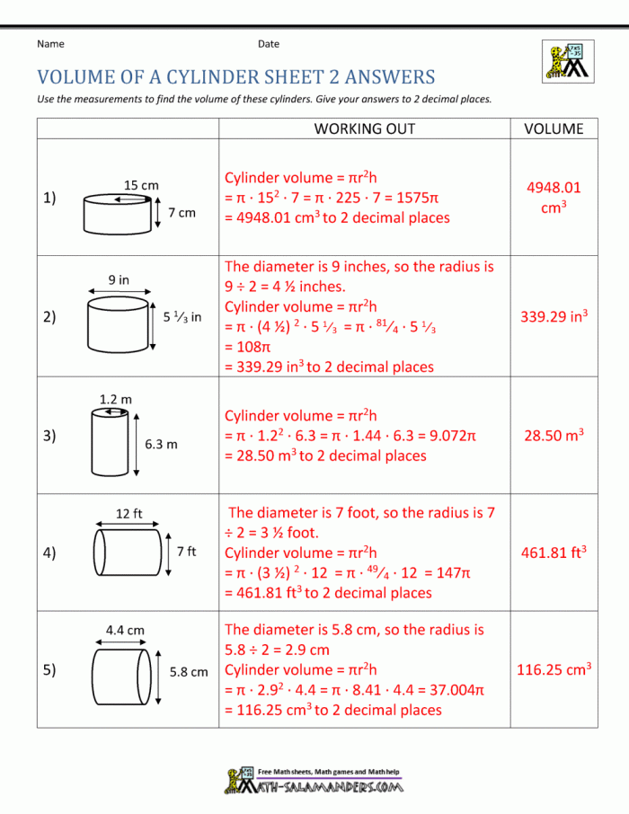 Finding the Volume of Cylinders Geometry Worksheet 3 Eighth grade math worksheet featuring several practice problems for calculating the volume of cylinders