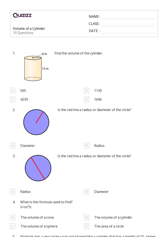 Worksheet image illustrating the volume calculation of cylinders for eighth-grade students