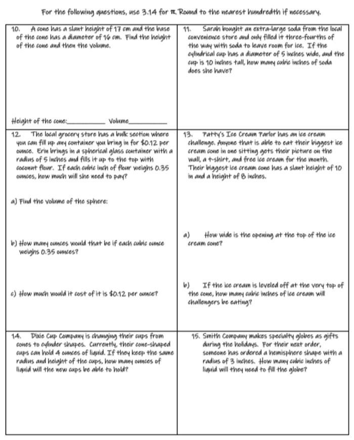 Volume of Cylinders Practice Worksheet for Middle School Math Eighth grade geometry worksheet showing cylinder volume practice problems with various dimensions