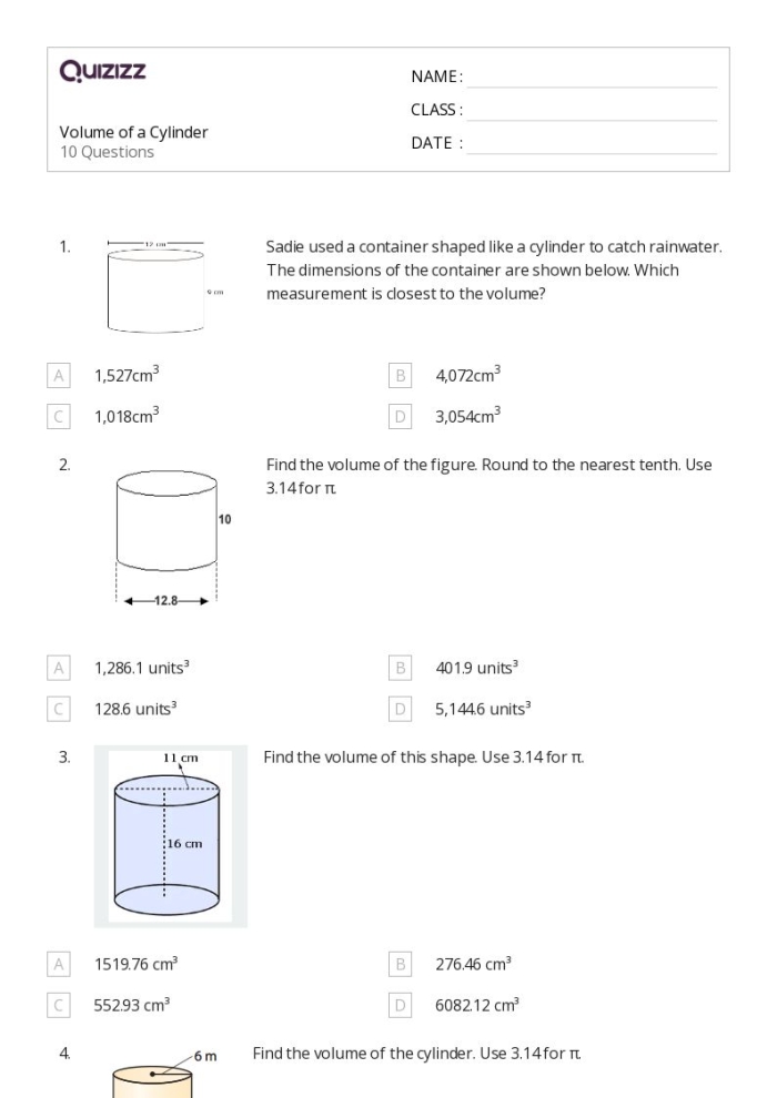 Eighth-grade geometry worksheet focusing on the volume of cylinders with example problem and practice exercises