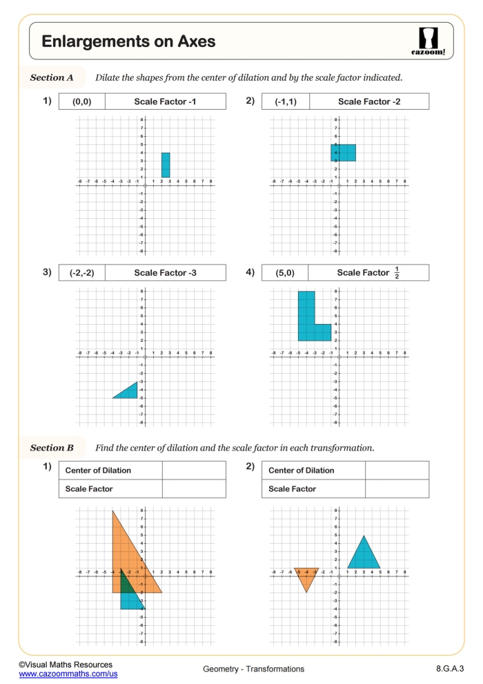 Eighth-grade worksheet focusing on dilations on the coordinate plane centered at the origin. Practice graphing figures after performing dilations in this educational image.