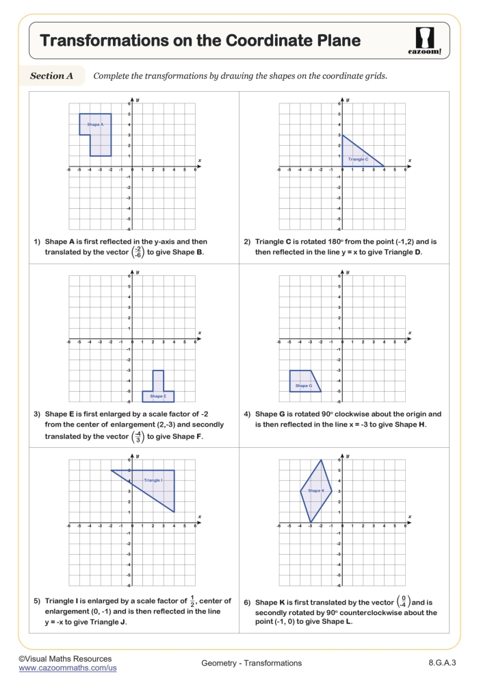 Transformations on the Coordinate Plane Dilations Worksheet 16 Eighth grade math handout showing geometric dilation exercises on a coordinate plane