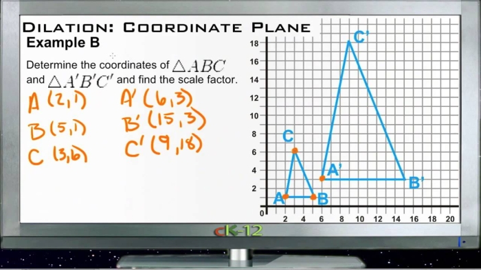 Transformations on the Coordinate Plane Dilations Handout Worksheet 14 Eighth grade math worksheet showing a geometric dilation example on a coordinate plane