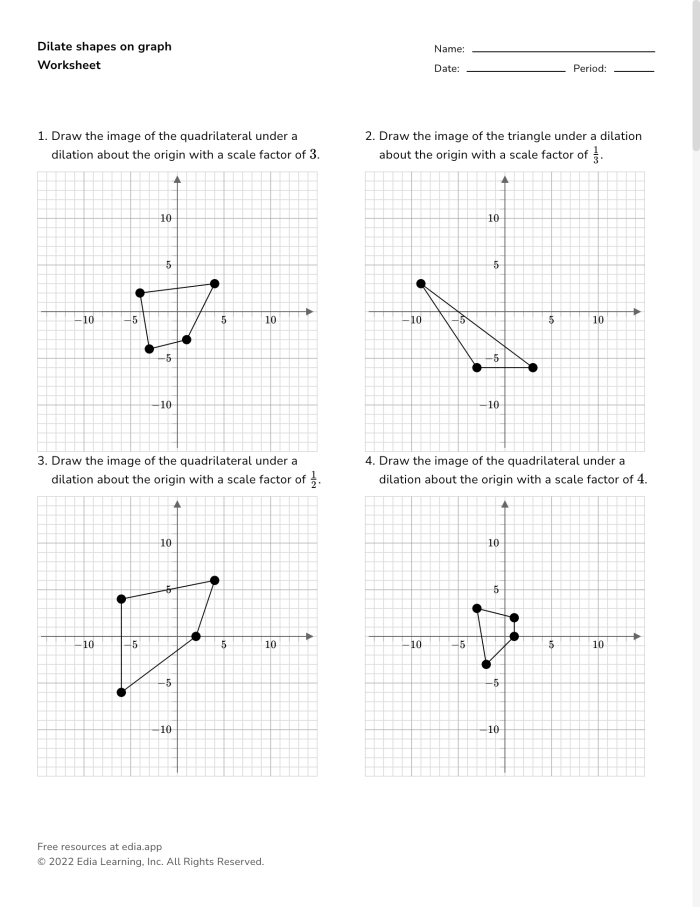 Worksheet for practicing dilations on the coordinate plane centered at the origin for eighth-grade students