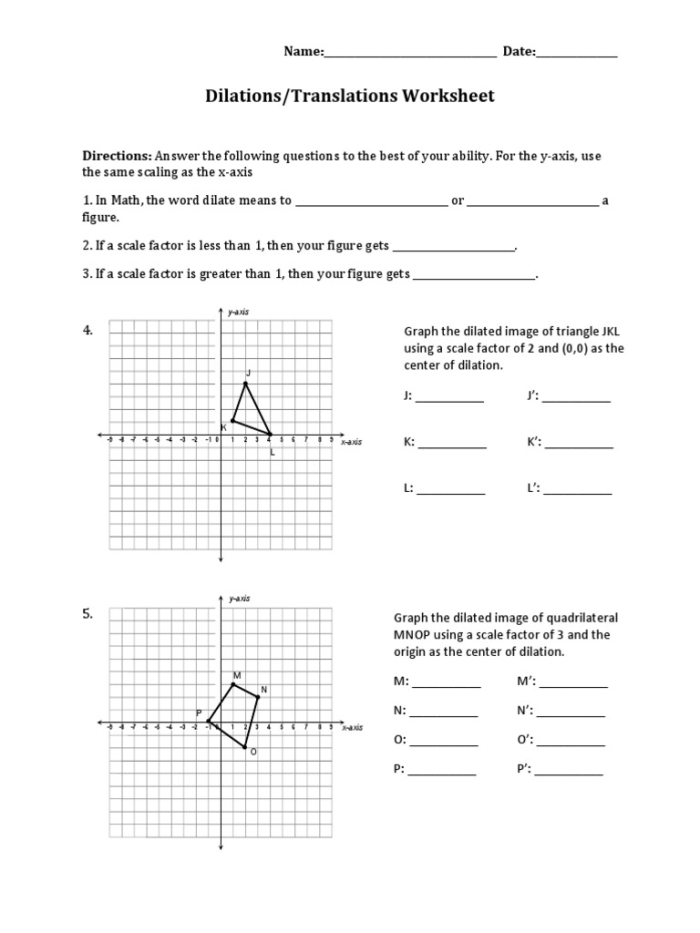 Dilations on the Coordinate Plane Handout for Middle School Students Eighth grade math worksheet showing coordinate plane with dilated geometric shapes and scale factor examples