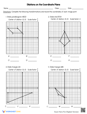 Students working on a Dilations on the Coordinate Plane worksheet, focusing on graphing figures centered at the origin. Eighth Grade math activity: Dilations on the Coordinate Plane, Image 21.