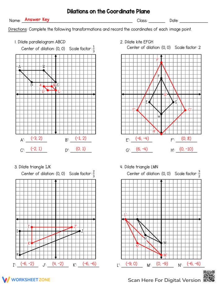 Dilations on the Coordinate Plane Handout for Grade 8 Mathematics Image 22 Eighth grade math worksheet showing coordinate plane examples of dilations with scale factors and geometric shapes
