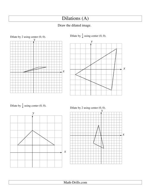 Dilations on the Coordinate Plane Handout for Grade 8 Mathematics Eighth grade student worksheet showing coordinate plane with dilated geometric shapes and scale factor examples